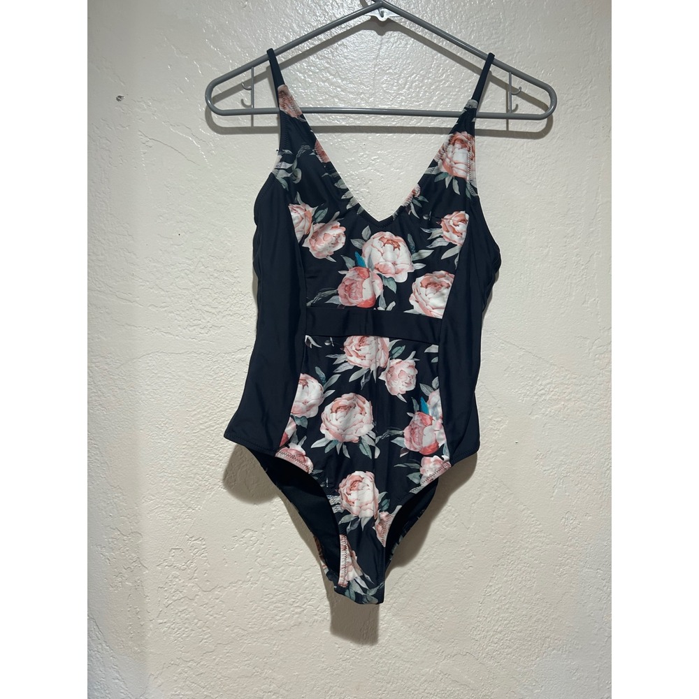 CUPSHE Womens Black Floral Peony V-Neck One Piece Swimsuit Adjustable Straps S